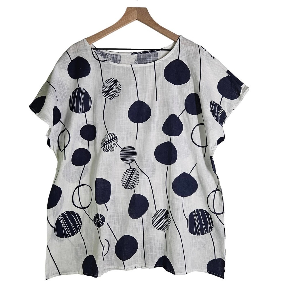 Boho Dot Print Boxy Oversized Top Tunic 14 White Navy Blue Lagenlook